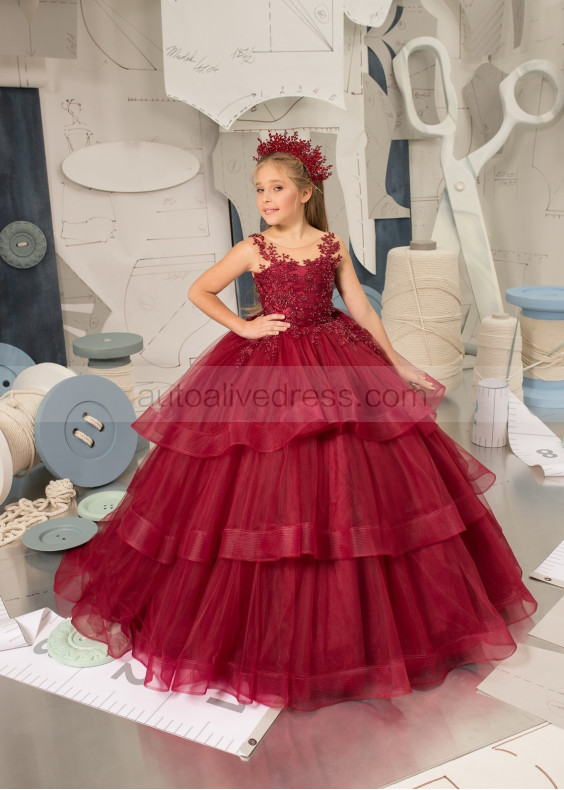 Beaded Burgundy Lace Tulle Corset Back Flower Girl Dress